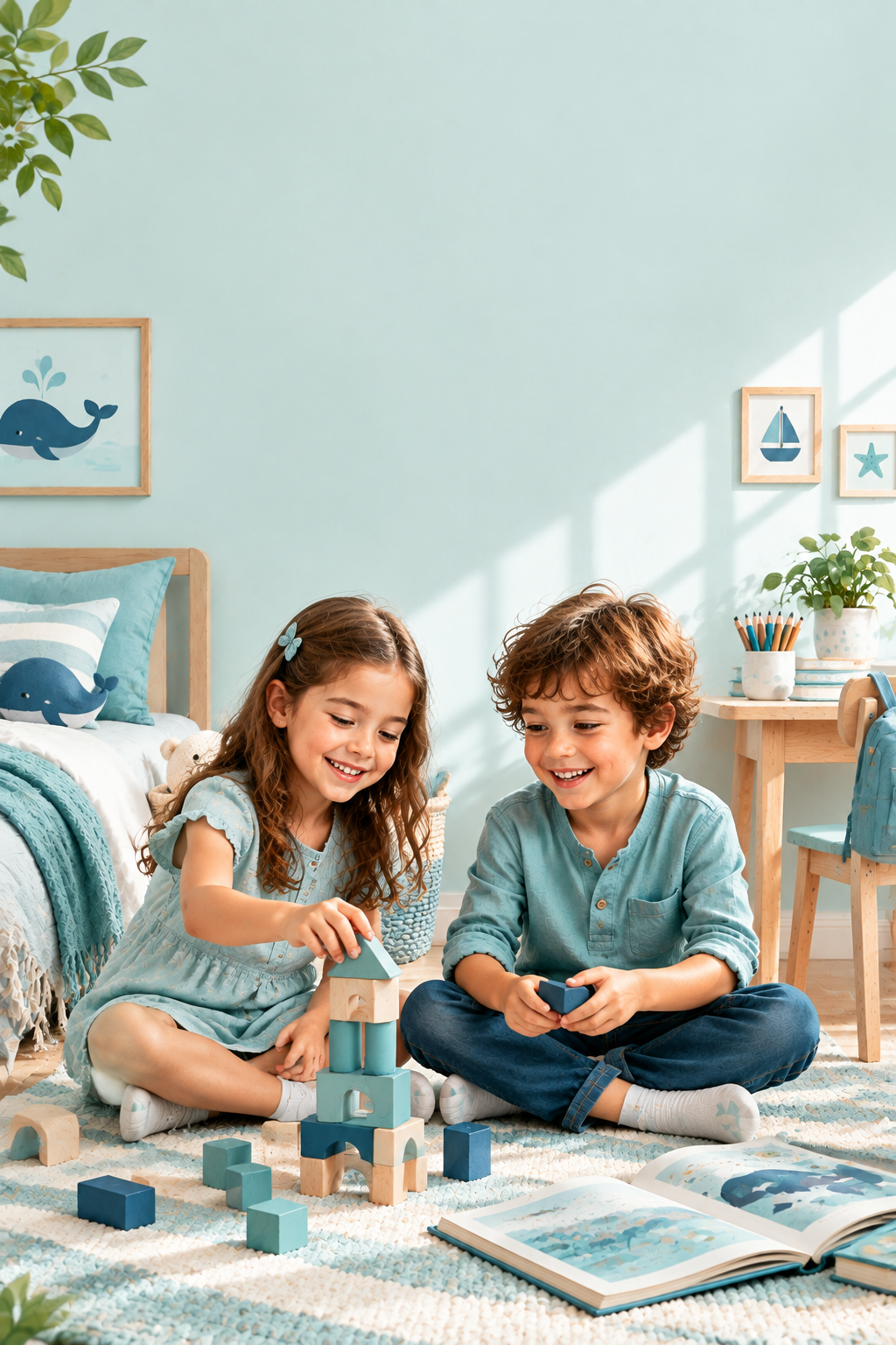 Póster infantil con una niña y un niño en su cuarto