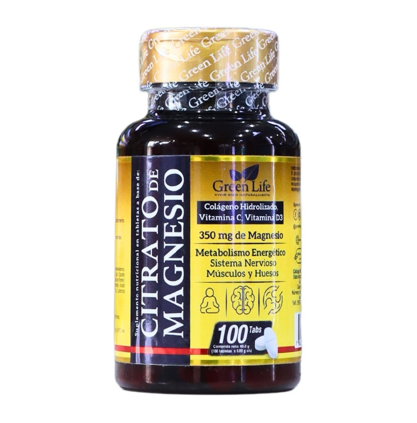 Citrato de Magnesio 350mg + Colageno + Vitamina C + Vitamina D3 100 Tab. Green Life